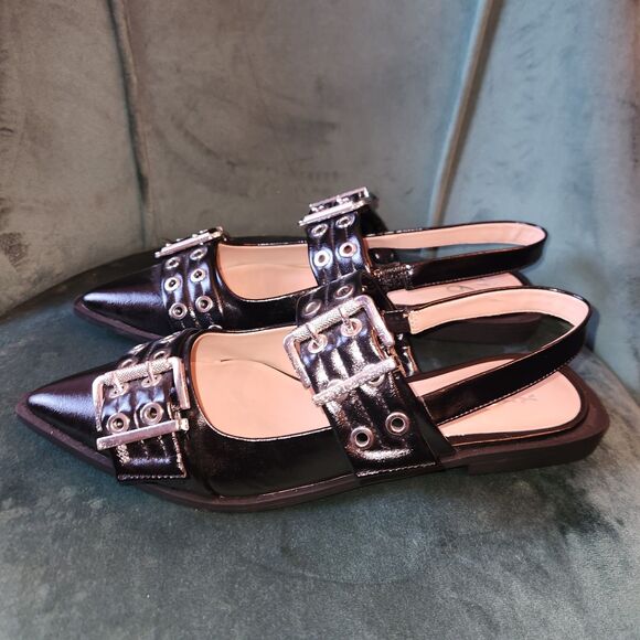 Mix No. 6 Black Sybel Patent Slingback Silver Buckle Pointy Flat Size 10 - Picture 4 of 7